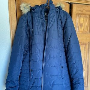 Winter coat, with faux fur lined hood.